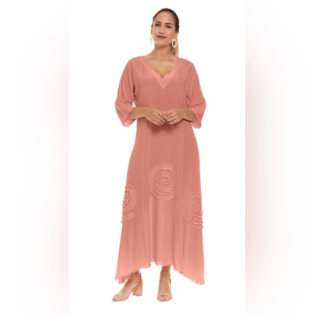 Oh My Gauze! Dusty Rose V-Neck Maxi Dress with Rosette Appliqués